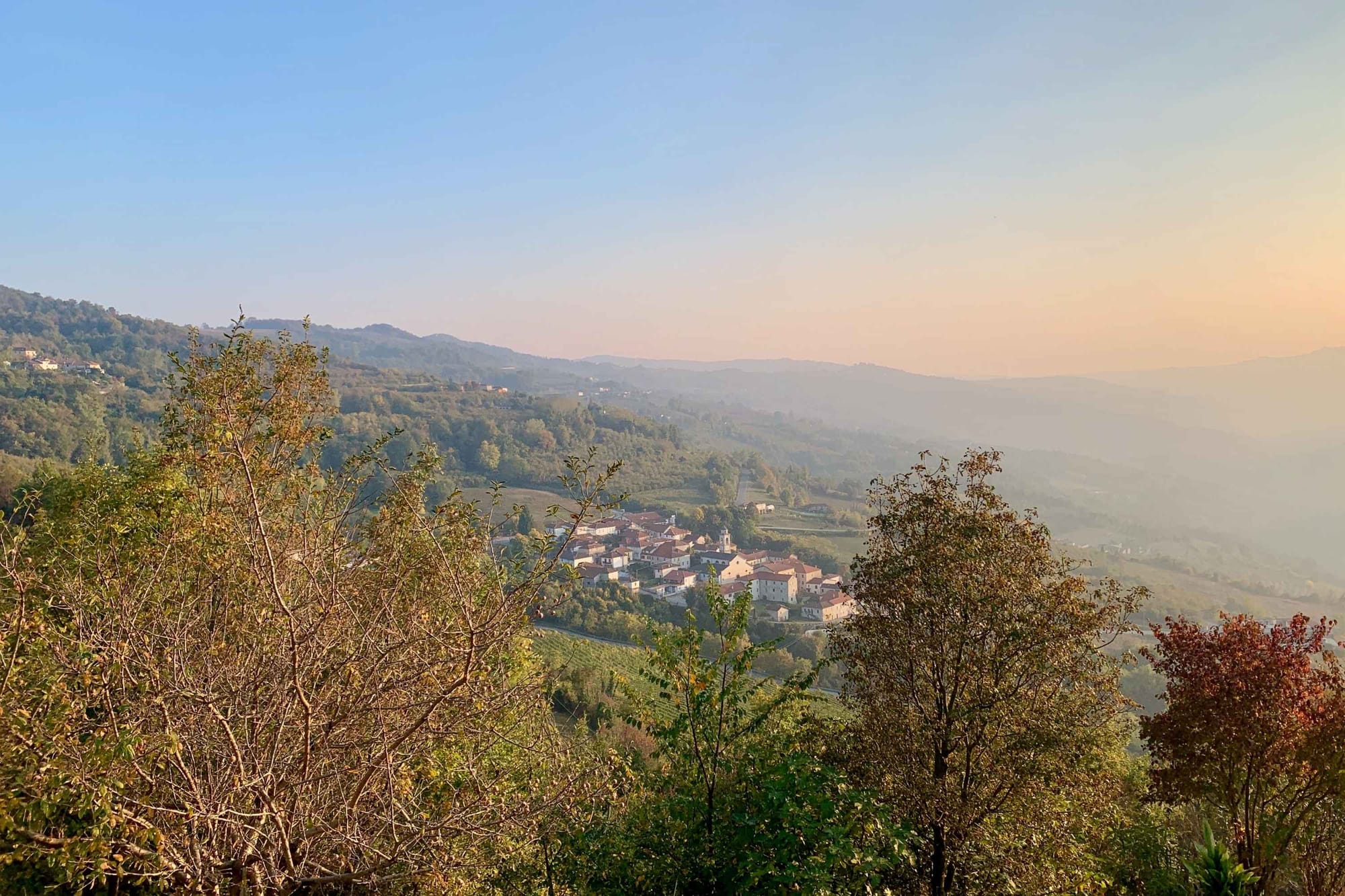 Levice, a village in Alta Langa, at golden hour in October.