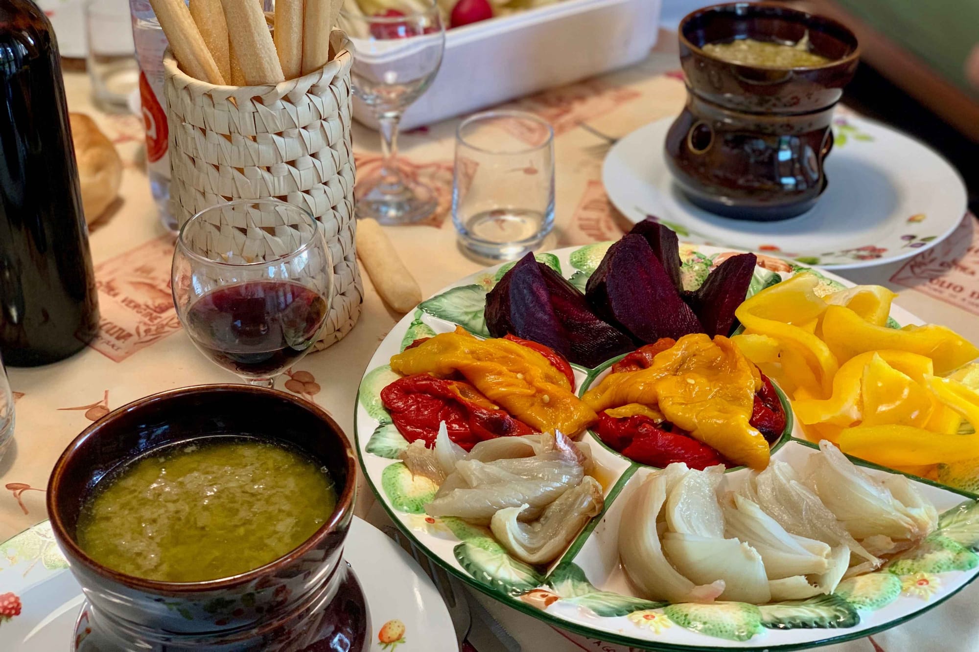Bagna cauda served with local seasonal vegetables and Barbera wine.