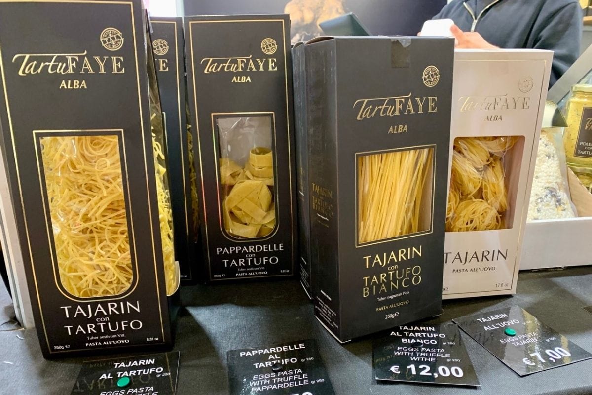 Truffle pasta on sale at the Alba truffle fair.