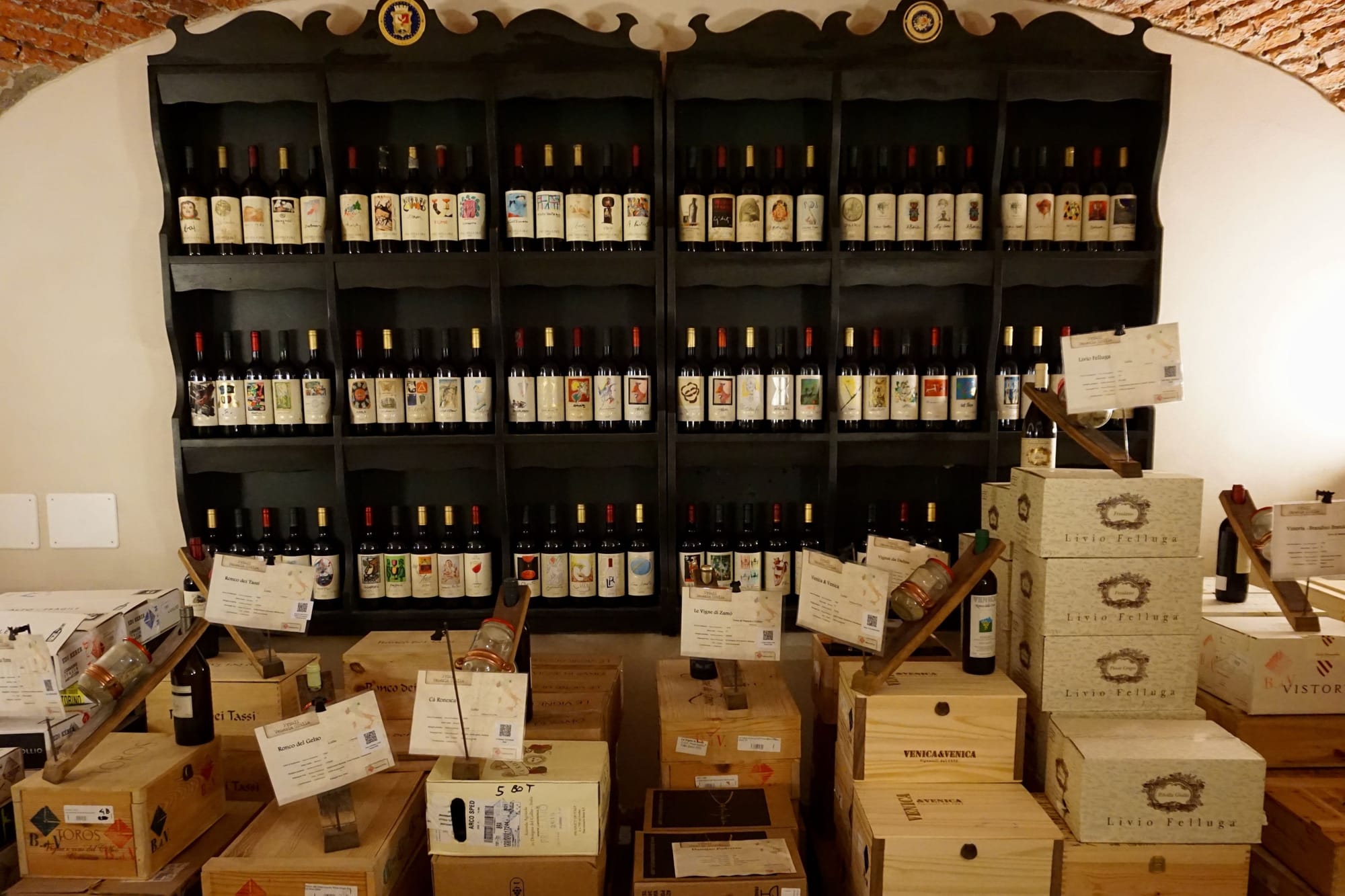 Bottles in the 19th-century cellar at the Wine Bank in Bra.