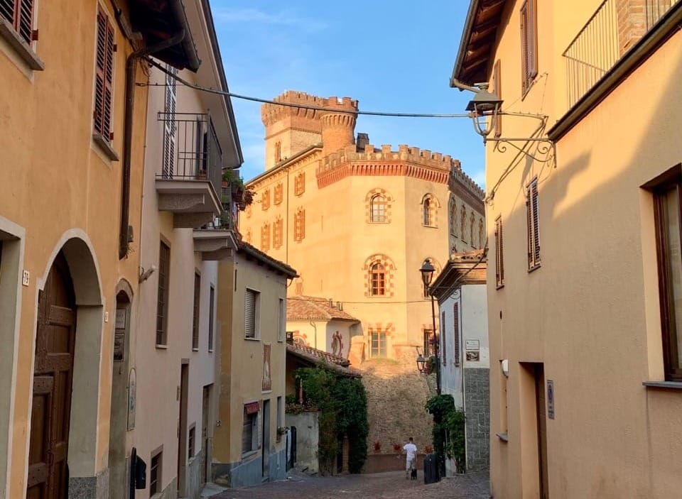 Barolo castle seen from the town at golden hour