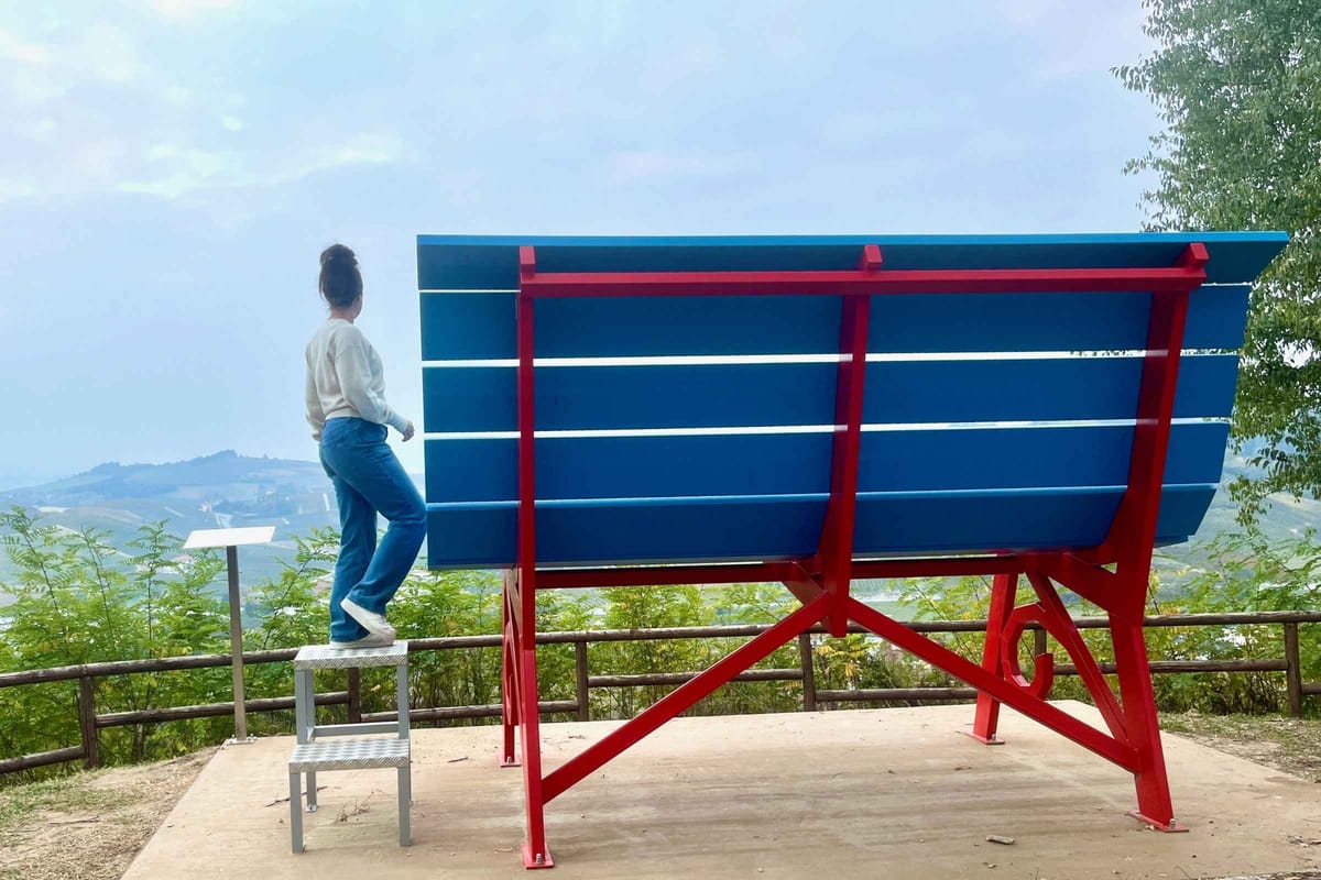 Climbing Big Bench #348 while admiring the views of Roero.