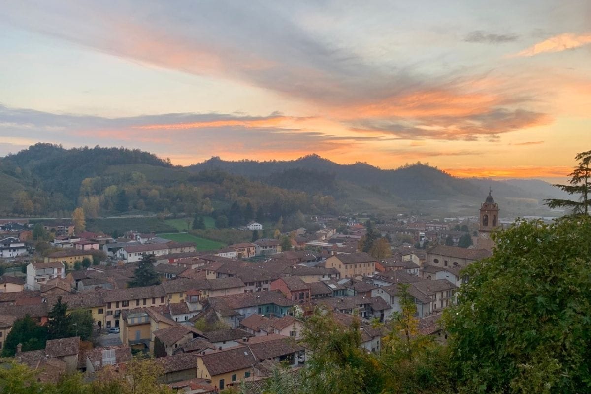 Sunset over Corneliano d'Alba in the Roero in November.