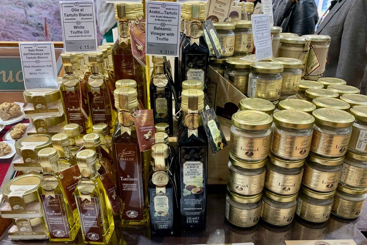 Truffle-infused products on sale at the Alba truffle fair.