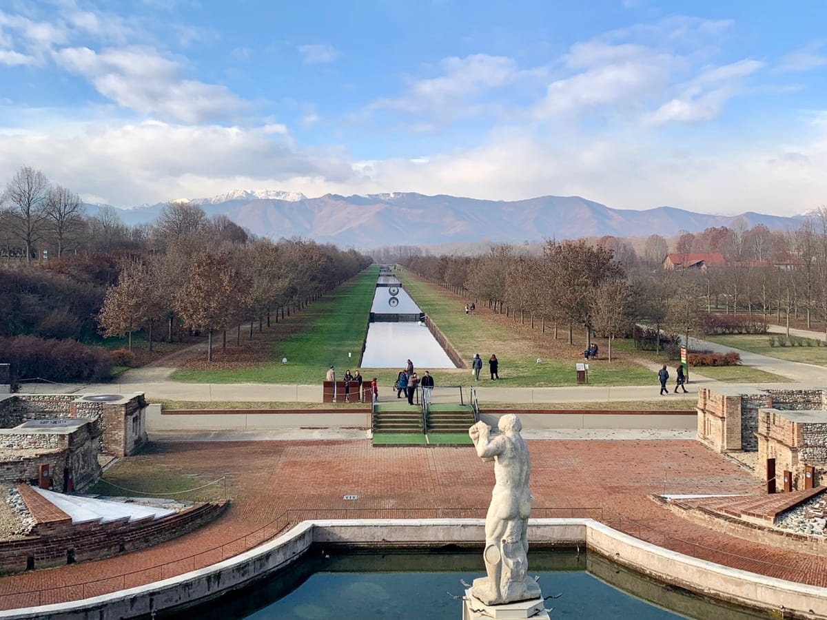The gardens at Venaria Reale near Turin with the Alps in the background in December.