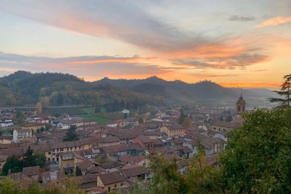 Sunset over Corneliano d'Alba in the Roero in November.