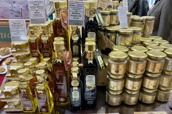 Truffle-infused products on sale at the Alba truffle fair.
