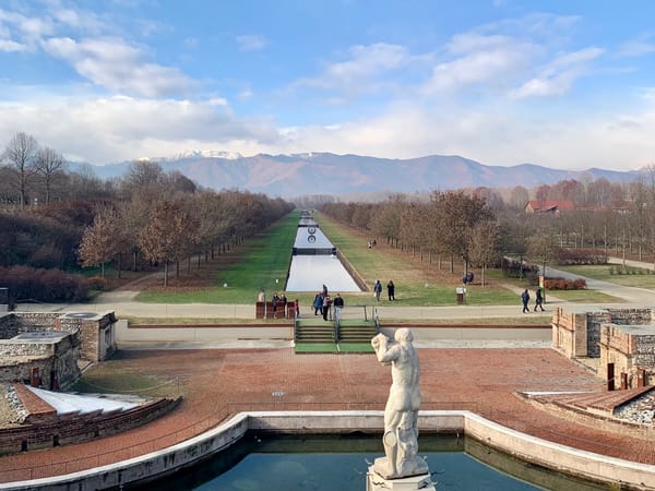 The gardens at Venaria Reale near Turin with the Alps in the background in December.