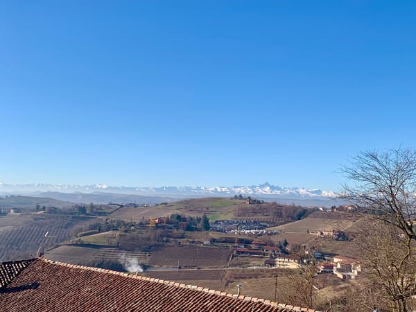 Views of Roero vineyards with Monviso in the background.